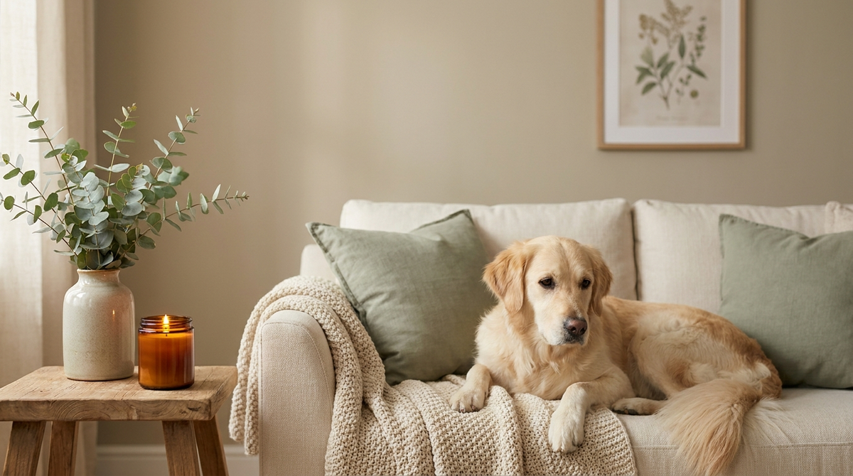 Calm dog relaxing on a sofa beside a lit soy candle in a peaceful home