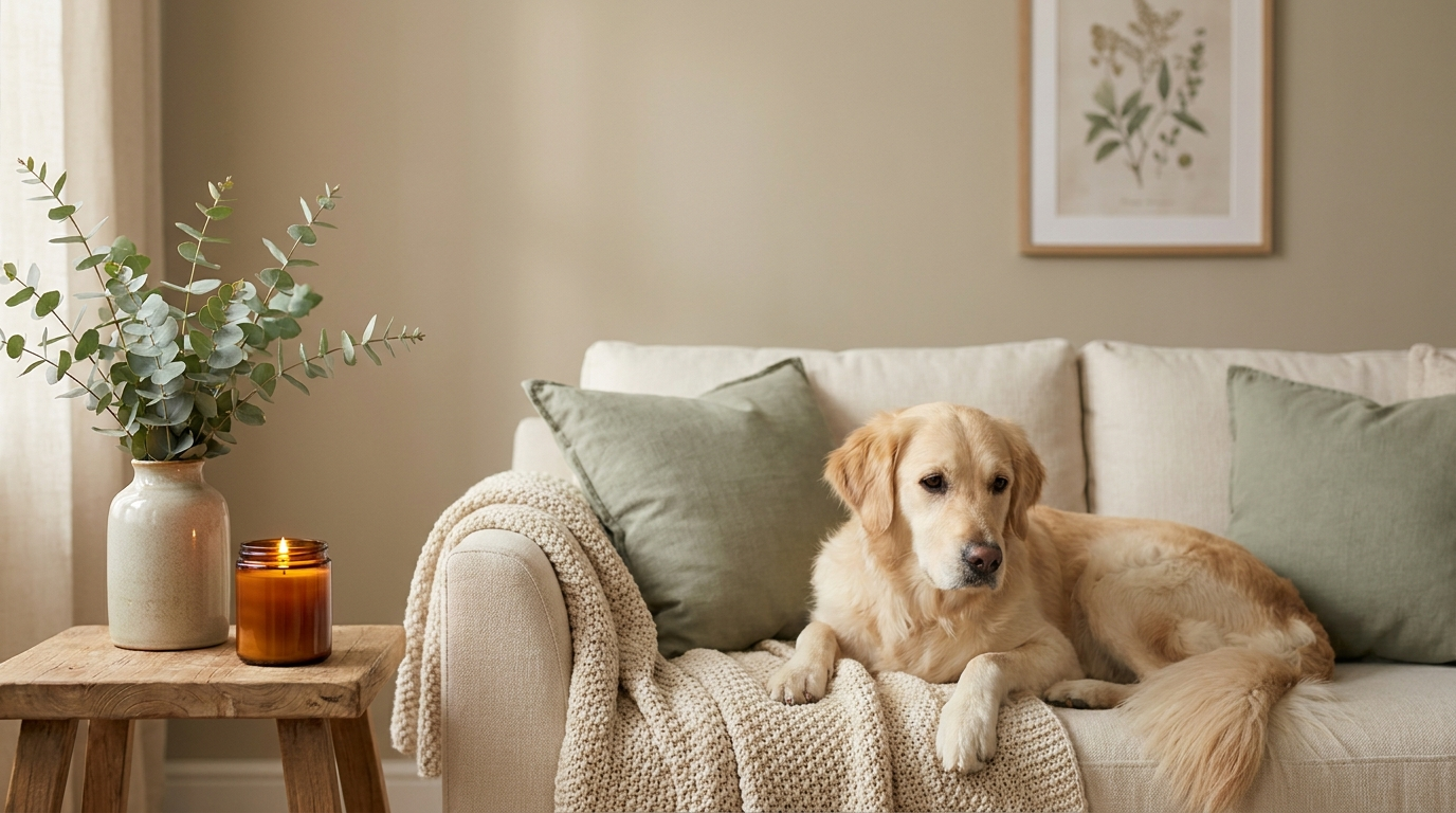 Calm dog relaxing on a sofa beside a lit soy candle in a peaceful home