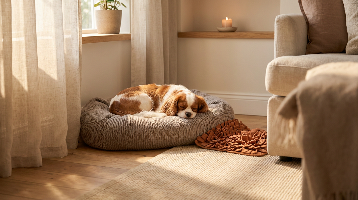 A calm Cavalier King Charles Spaniel resting peacefully on a soft grey dog bed in a sunlit corner, with a terracotta snuffle mat nearby — a soothing home environment for a dog with separation anxiety