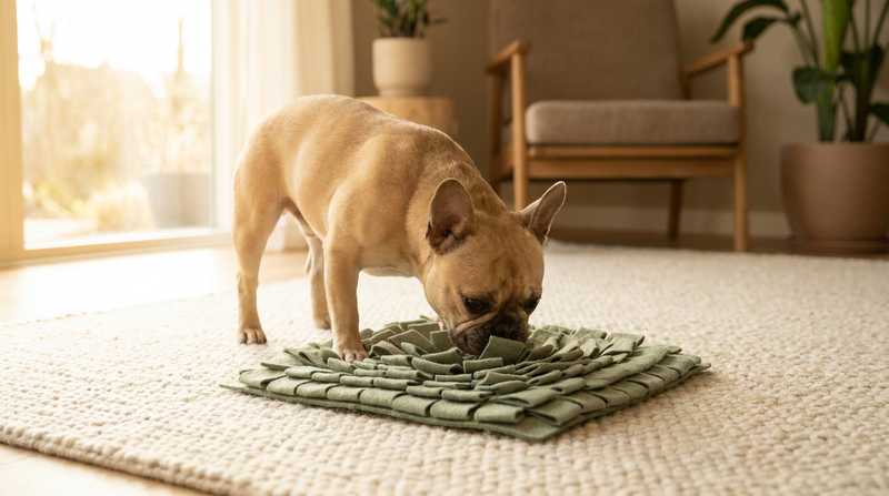 A happy French Bulldog calmly foraging for kibble in a sage green snuffle mat on a cream rug in soft natural light