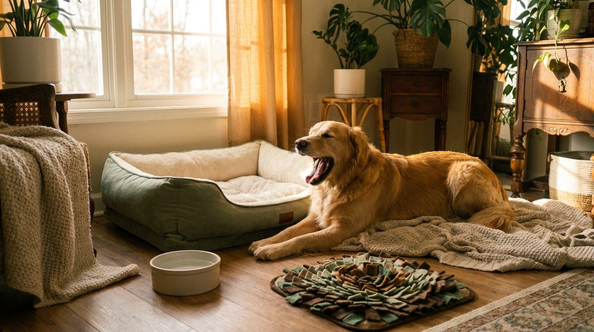 A relaxed dog stretching and waking calmly in a sunlit room beside a soft bed and water bowl, bathed in warm morning light, in soothing sage green and cream tones.
