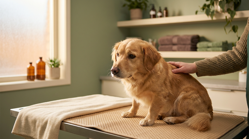 A calm dog sitting peacefully on an examination surface being gently reassured, in a softly lit room with warm sage green and cream tones, looking relaxed and unafraid.
