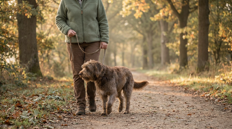 A person walking a calm dog on a loose leash along a quiet tree-lined path, soft morning light, sage green and cream tones