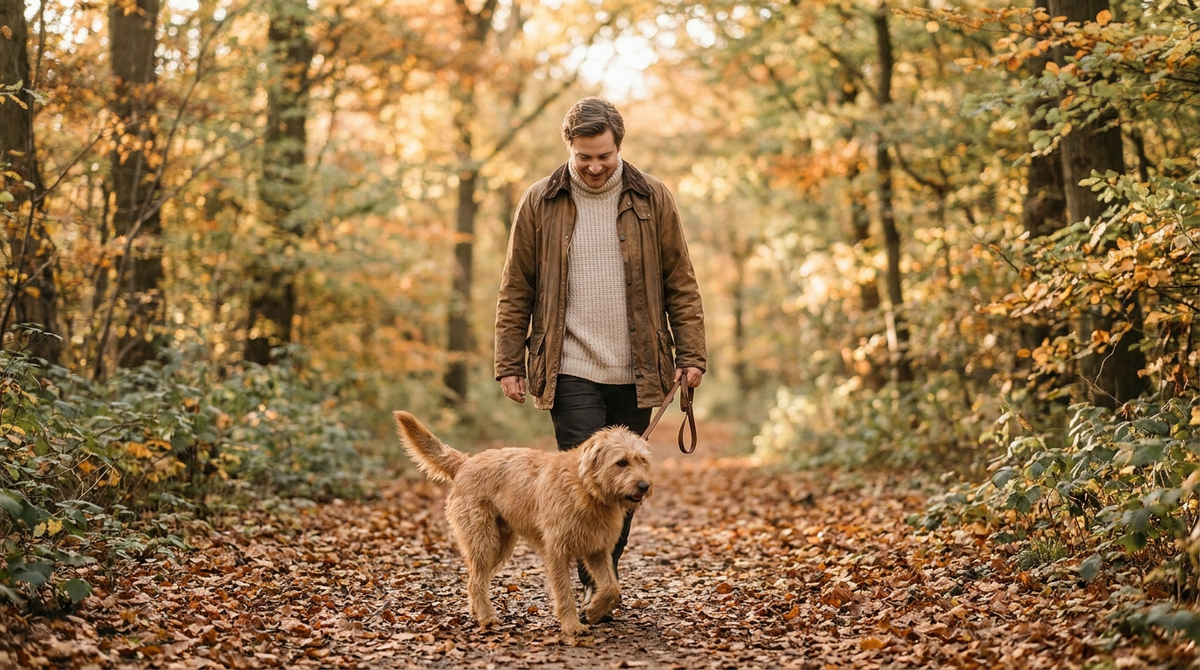 A person walking a relaxed dog along a leaf-covered path in golden autumn light, warm sage green and cream tones