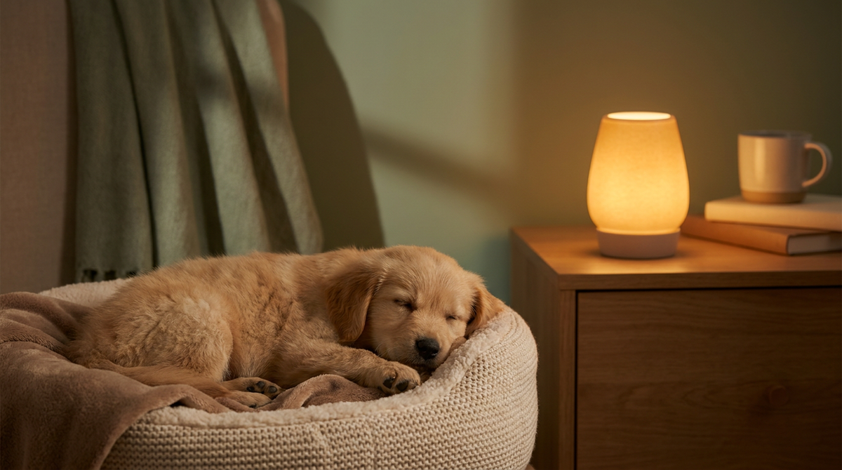 A small puppy sleeping curled up in a soft bed beside a warm nightlight, cozy bedroom in cream and sage tones, calm nighttime scene