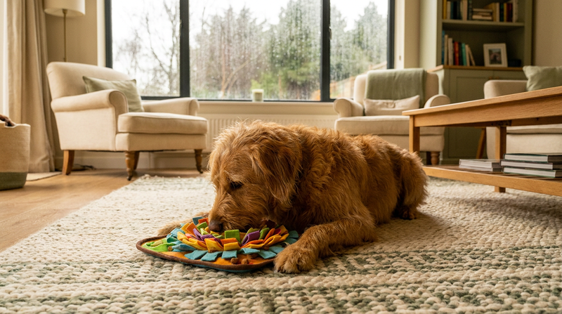 A dog focused on a puzzle feeder toy on a rug indoors, rain visible on a window behind, warm cream and sage green living room tones