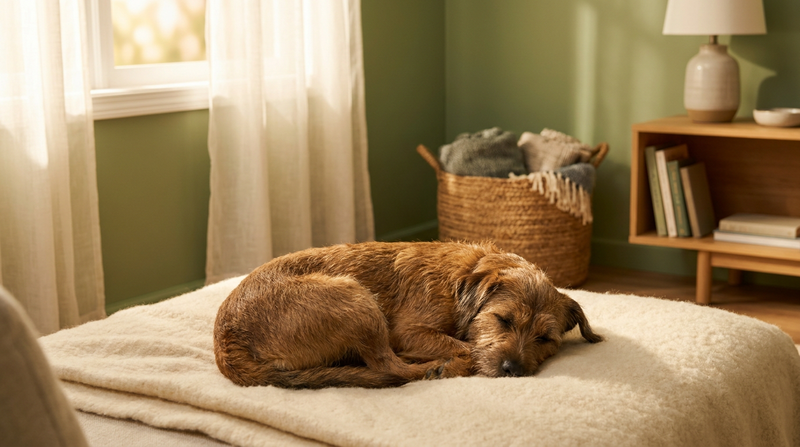 A shy rescue dog with soft brown fur curled up on a cream blanket in a quiet sage-green living room corner, bathed in gentle afternoon light — a calm, safe space for a nervous new dog settling in.