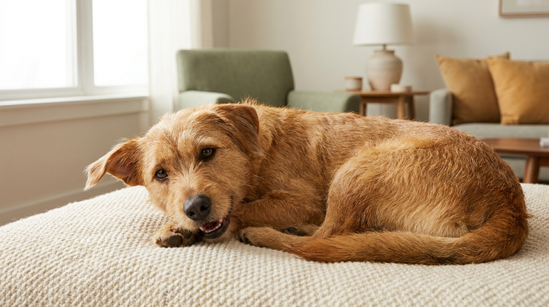 A relaxed dog resting with soft eyes and loose, easy posture on a cream blanket in a calm sage-green room — reading a dog's body language for signs of stress and calm.
