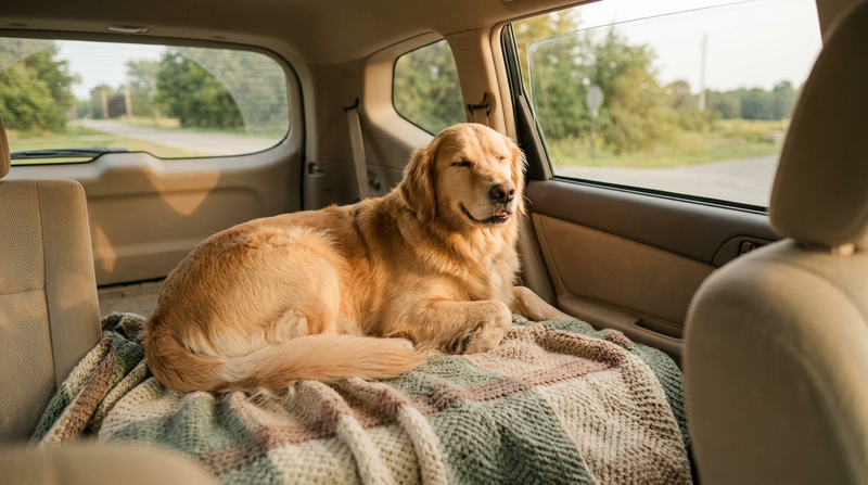 A calm, relaxed dog resting on a soft travel blanket in the back seat of a car, bathed in warm natural light, in soothing sage green and cream tones.