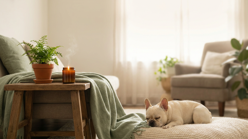 A hand-poured soy candle gently lit on a wooden table in a calm, sunlit living room, with a relaxed French Bulldog resting nearby — a peaceful, dog-safe scented home.