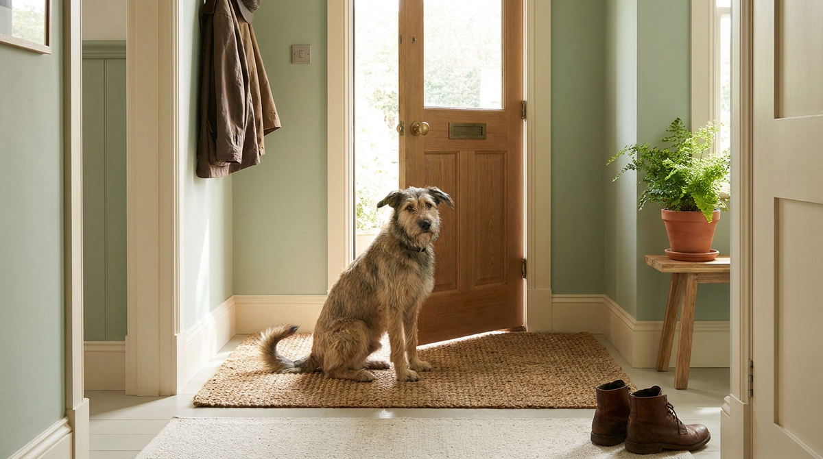 Shepherd-mix dog sitting calmly on a woven doormat by an open front door in a bright sage-and-cream entryway