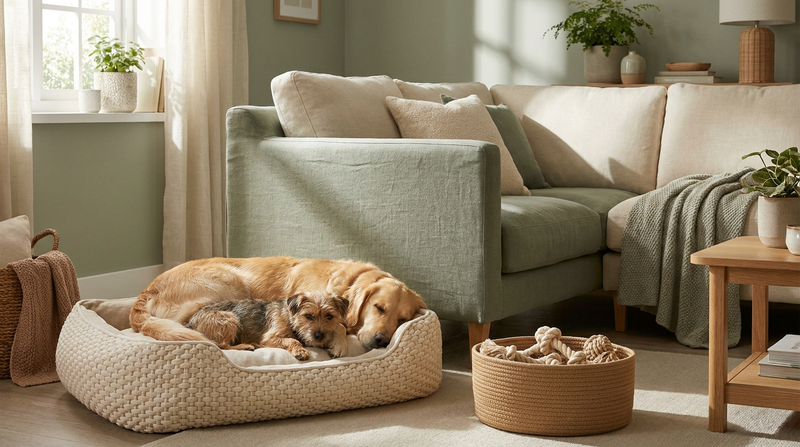 Two dogs of different breeds resting peacefully together on a cream dog bed in a calm, sage-toned living room