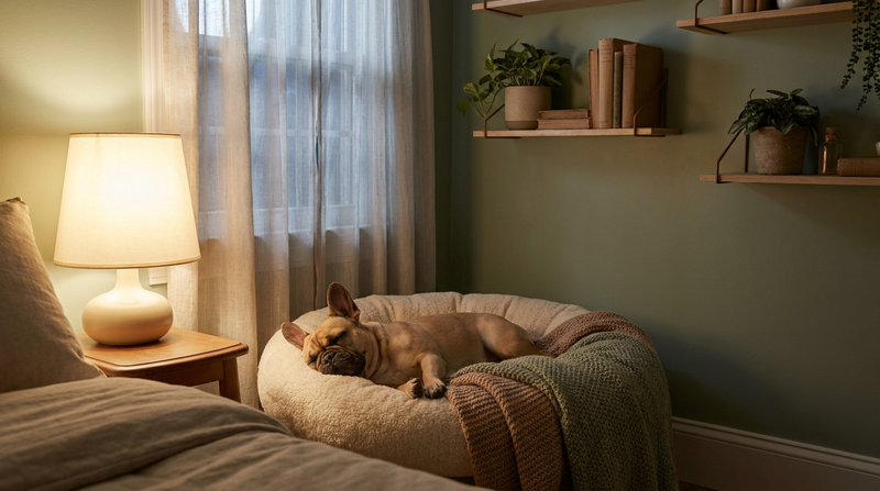 Small French Bulldog sleeping peacefully in a round cream dog bed under warm lamplight in a calm sage-toned bedroom