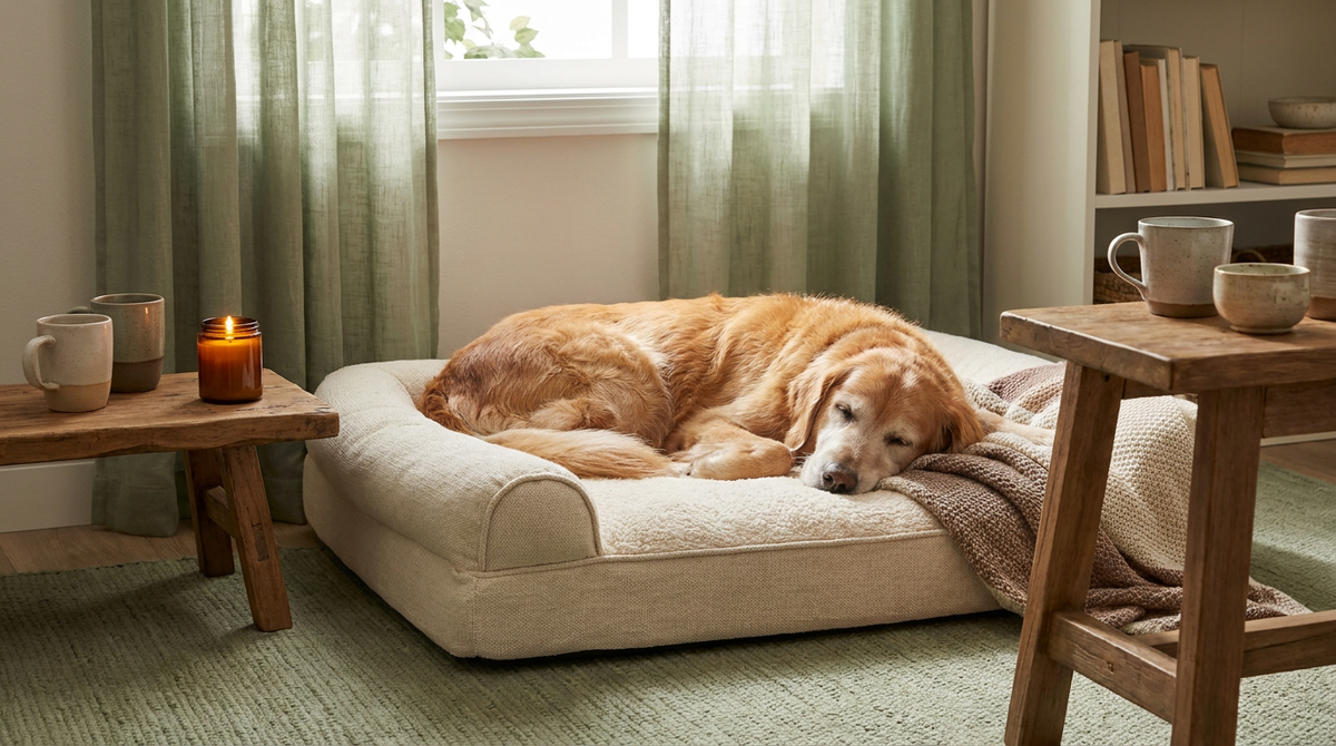 Gray-muzzled senior golden retriever sleeping peacefully on a cream orthopedic bed beside a softly glowing candle