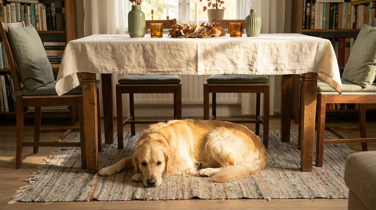 A calm golden retriever resting under an autumn dining table set with cream linens and warm amber decor