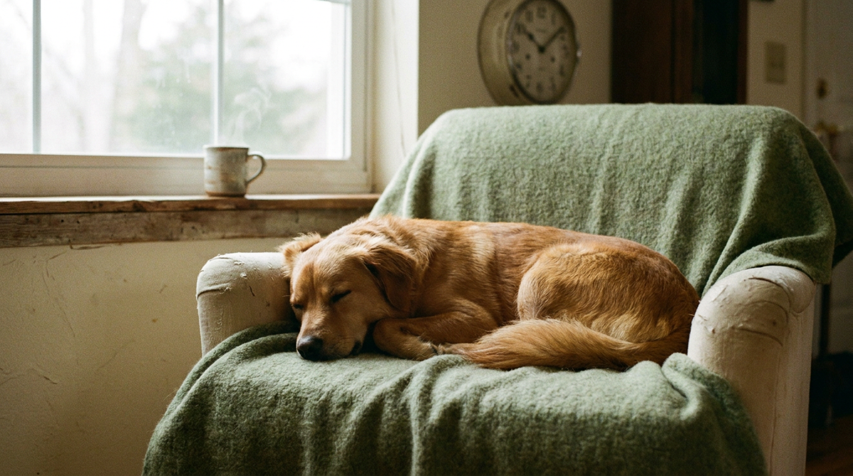 A calm dog asleep on a sage green blanket in a warm cream living room in soft morning light