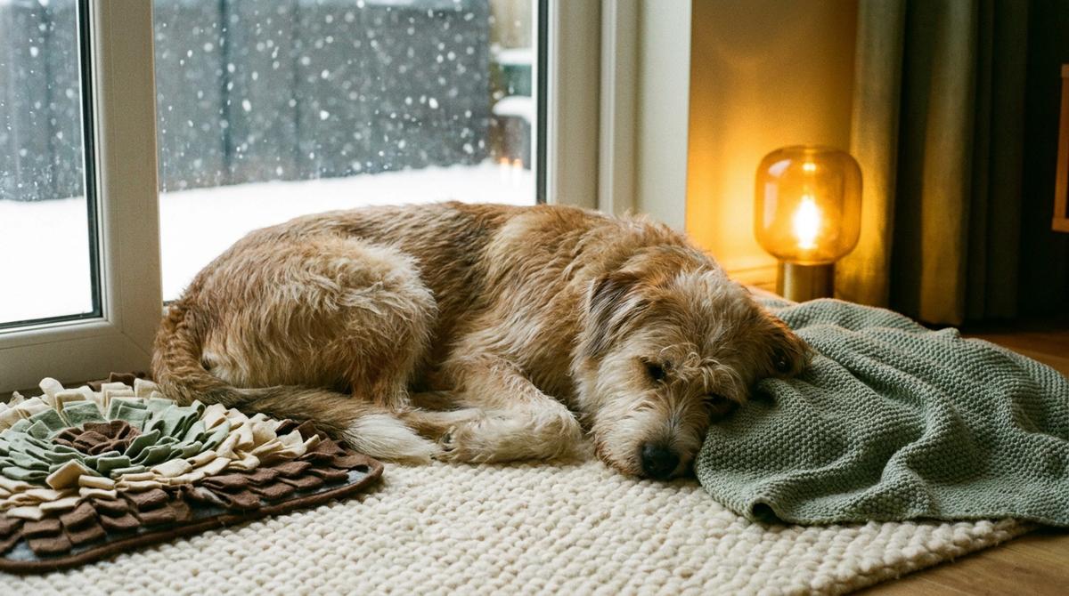 A relaxed dog lying on a cream rug beside a snowy window with a snuffle mat and a sage green throw nearby