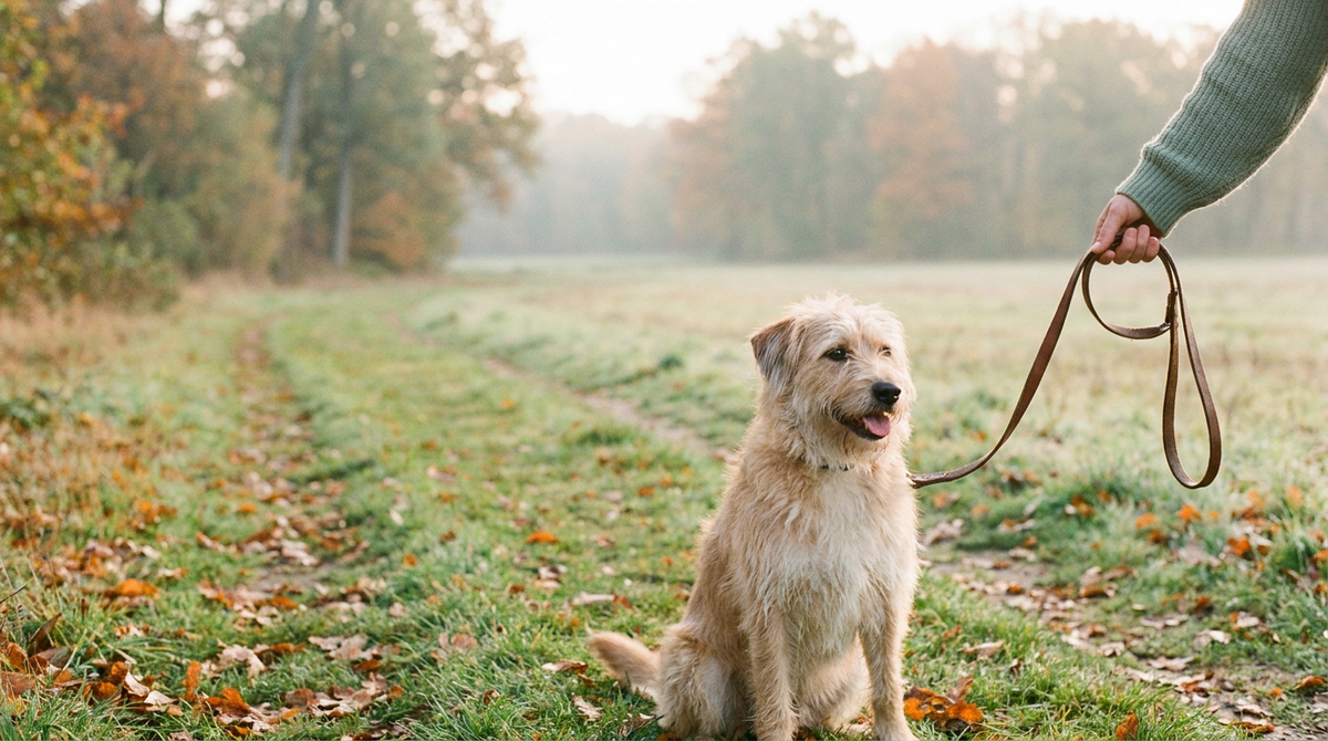A relaxed mixed-breed dog sitting on a quiet grassy path at the edge of a park in soft autumn light