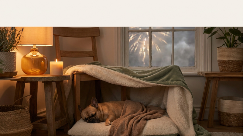 A calm French Bulldog resting safely in a cozy blanket den at night with a warm lamp and soy candle nearby, while soft fireworks glow faintly through the window — a dog staying calm during fireworks.