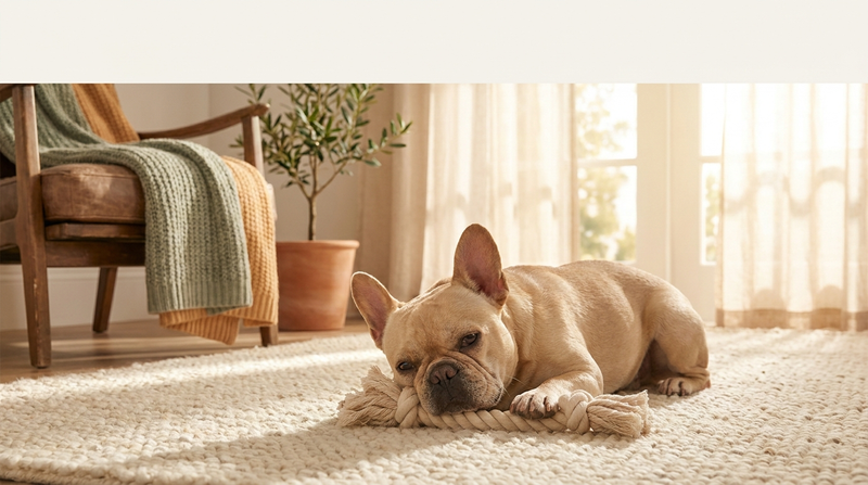 A relaxed French Bulldog lying on a soft cream rug in a sunlit living room, gently holding a natural cotton rope tug toy — safe, calm rope play for dogs.