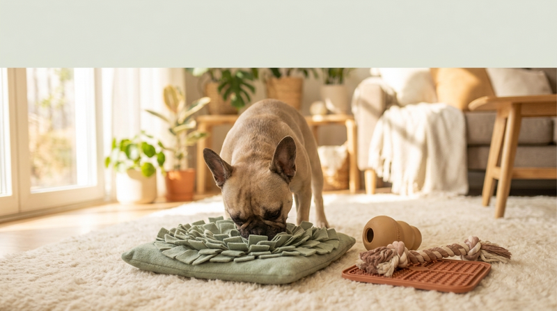 A content French Bulldog nose-down in a sage-green snuffle mat on a soft cream rug in a sunlit living room, foraging calmly — gentle dog enrichment at home.
