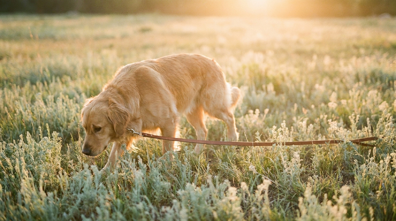 A golden retriever walking slowly through tall meadow grass at golden hour, nose lowered to the ground on a loose leash