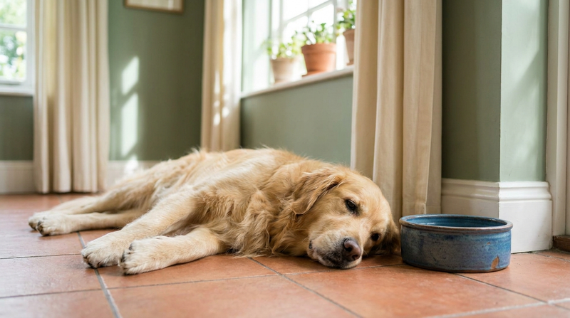 A relaxed dog lying on a cool tiled floor in a shaded room beside a bowl of water, soft sage green and cream interior, gentle summer light through a window