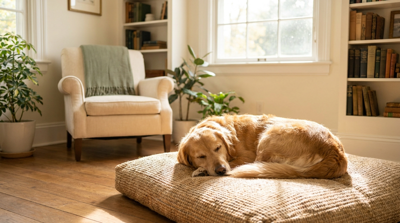 A calm dog resting on a floor cushion in a quiet sunlit living room with an empty armchair nearby, soft sage green and cream tones