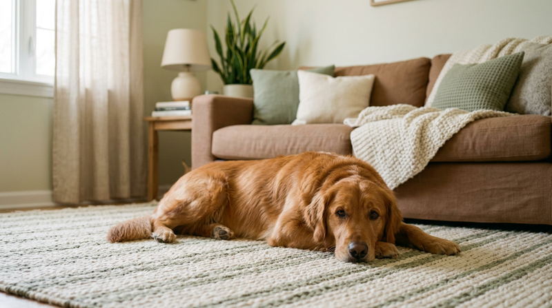 A calm dog lying a short distance away on a rug in a warm living room, watching quietly, soft cream and sage green tones, gentle afternoon light