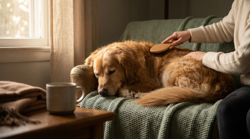 A person's hands gently brushing a relaxed dog's coat in a softly lit room, warm cream and sage green tones, calm and unhurried