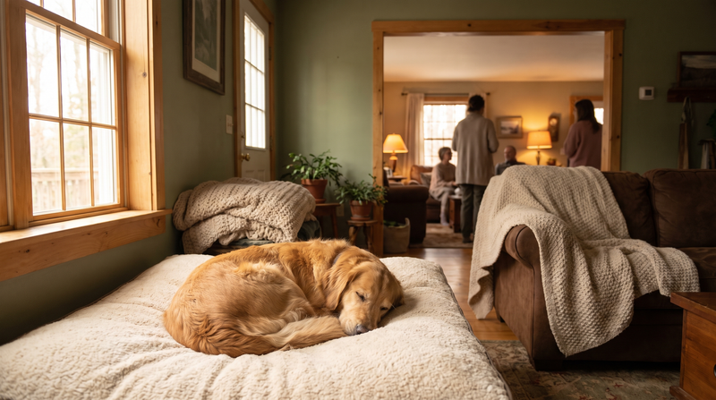 A calm dog resting on a soft bed in a warm, quiet room while a cozy gathering happens softly in the background, sage green and cream tones