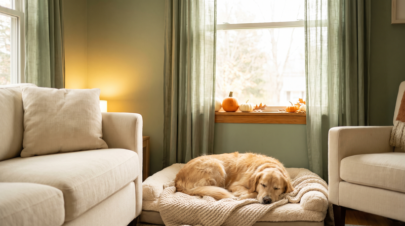 A calm dog resting on a cozy bed near a softly lit window with a few warm autumn pumpkins nearby, sage green and cream tones, no text