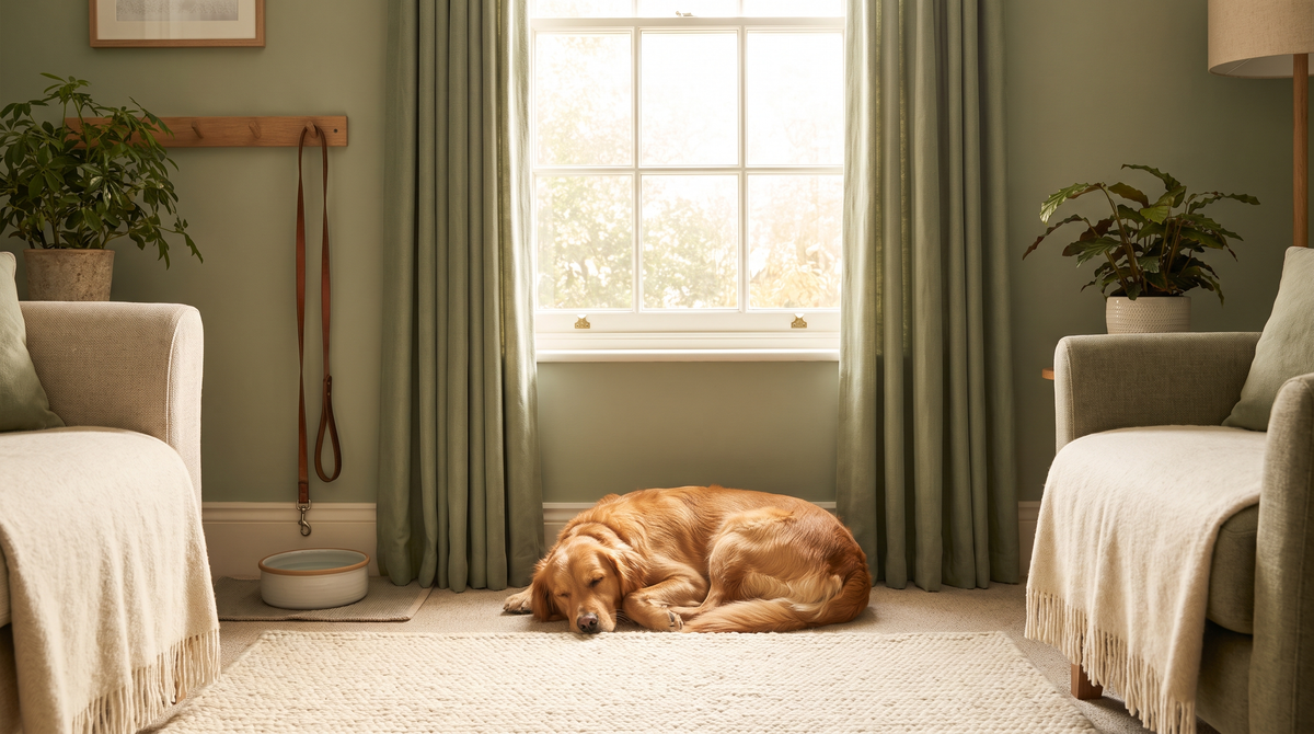 A calm dog lying peacefully beside a sunlit window at home, a simple daily rhythm suggested by a leash and bowl nearby, sage green and cream tones