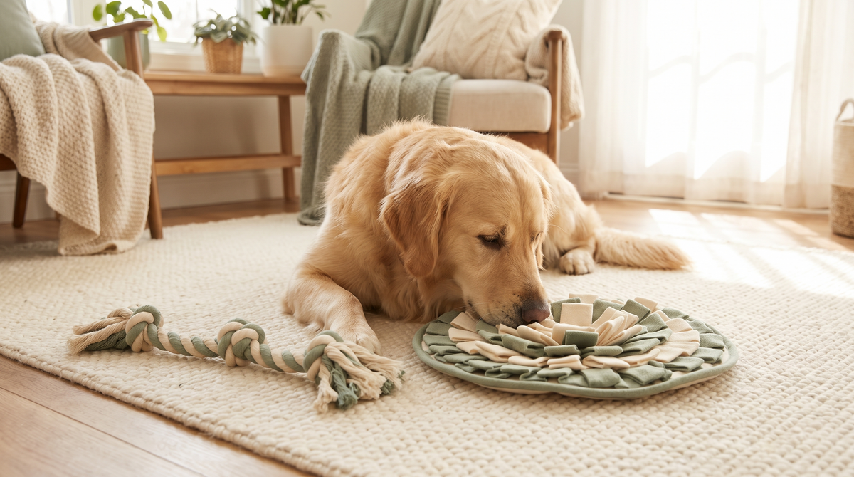 A calm dog engaged with a snuffle mat and a soft rope toy on the floor of a cozy home, sage green and cream tones