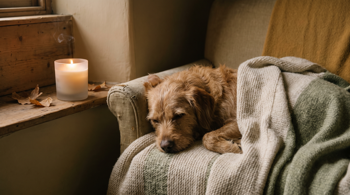 A dog curled up in a cozy den corner with a soft blanket and a soy candle on a nearby shelf, warm autumn light