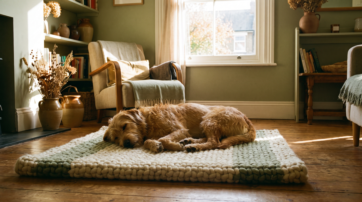 A relaxed dog lying calmly on a cozy woven mat in a sunlit living room, sage green and cream tones