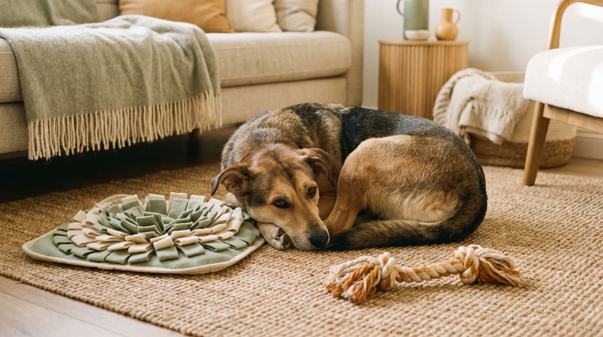 A content dog unwinding on a living room floor with a snuffle mat and a cotton rope toy nearby