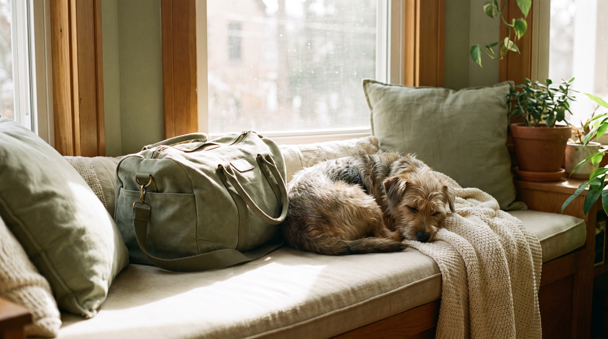 A calm dog resting beside a favorite blanket and a small packed travel bag near a sunlit window